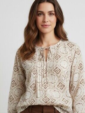 J. Jill Boho Beige and Chocolate Brown Printed Tie-Neck Blouse